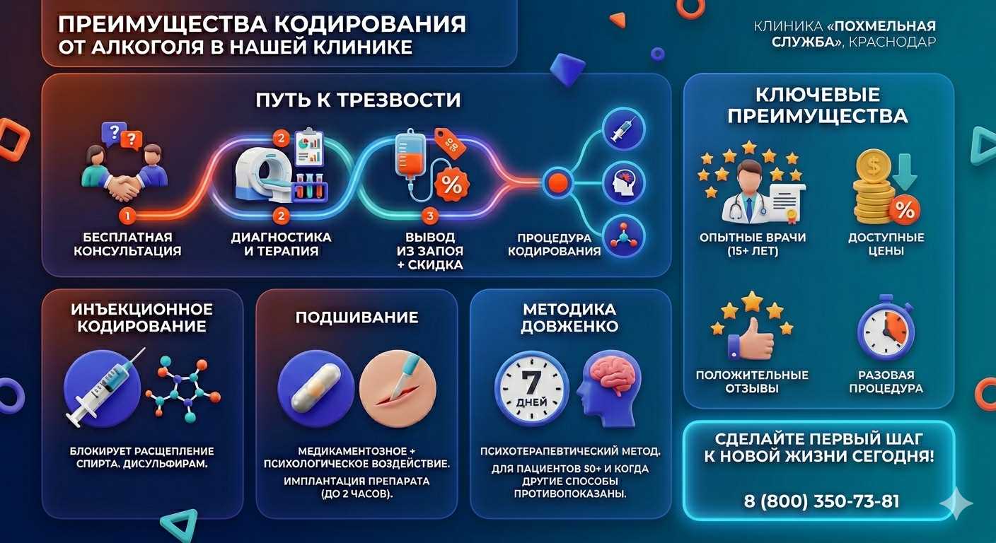 Инфографика о методах кодирования от алкоголя в Лесозаводске: инъекции, подшивание, метод Довженко. Преимущества клиники и этапы лечения.